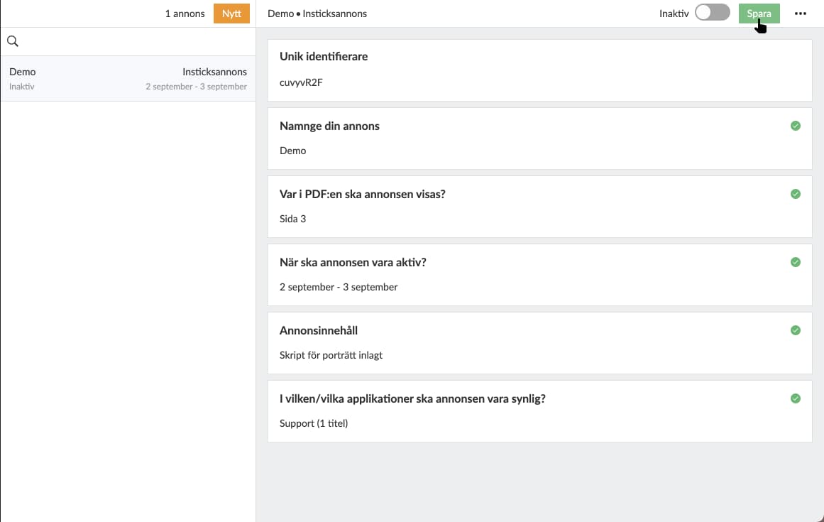 Välj "Spara" för att spara inställningarna för annonsen.