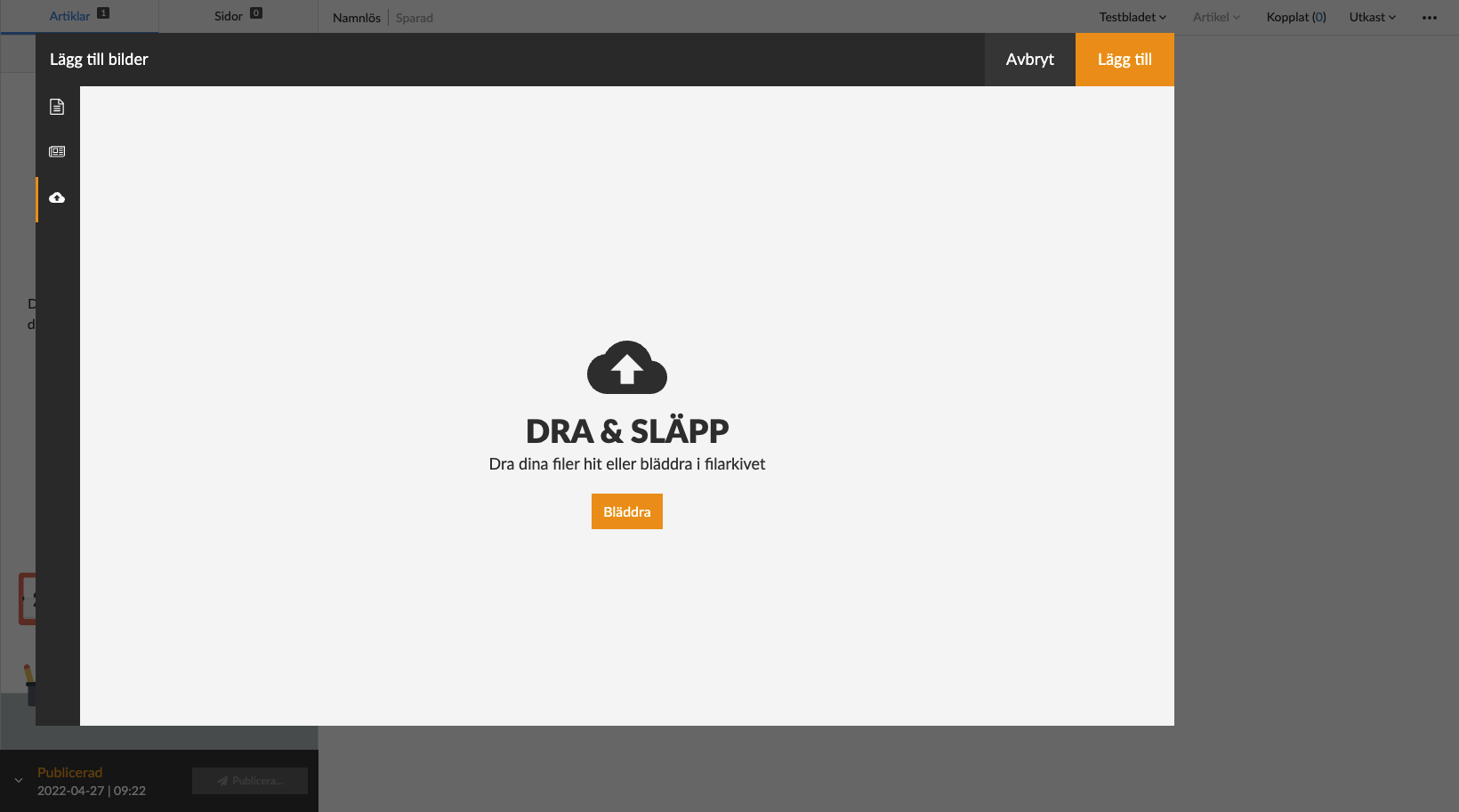 Dra och släpp en bild för att lägga till den, eller välj "Bläddra" för att öppna en lokal filhanterare på din enhet. <br>