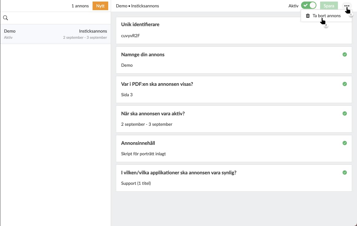 Ta bort annons genom att välja tre-prickmenyn följt av "Ta bort annons".