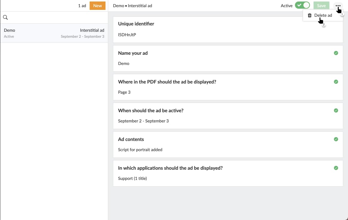 Delete the ad by selecting the three-dot menu and then "Delete ad".