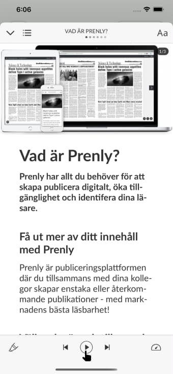 Artikelläsläge med aktiverad textuppläsning. Välj "Spela upp"-ikonen för att påbörja textuppläsningen.