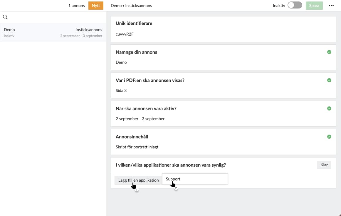 Välj i vilken applikation annonsen skall visas.
