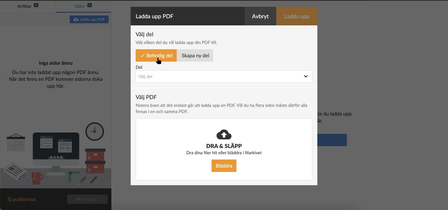 Välj "Befintlig del" för att ladda upp PDF på befintlig tidningsrygg.
