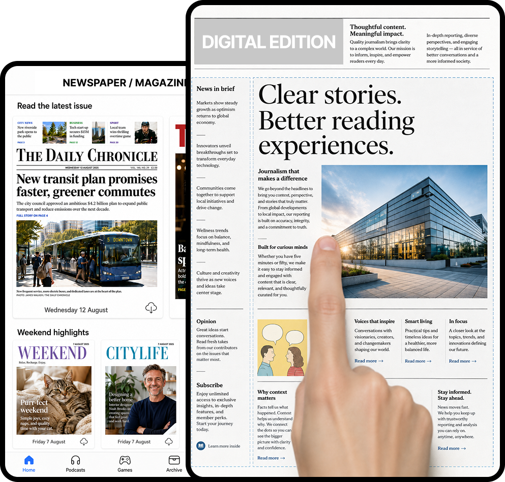 Digital tidning med symboler för text-till-tal och video. En pekare visar texten ”Convert text to speech with a single click”. Nederst syns WCAG AA-symbol som signalerar tillgänglighetsanpassning.