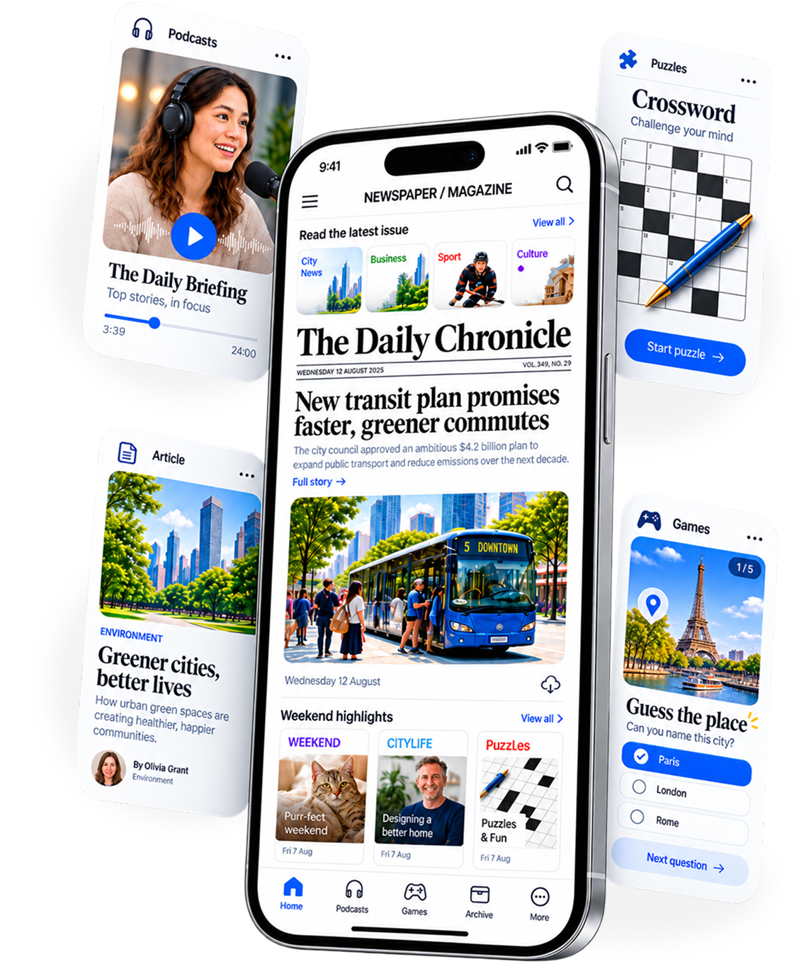 Digital publishing app with newspapers, articles, podcasts, crosswords and games on mobile.