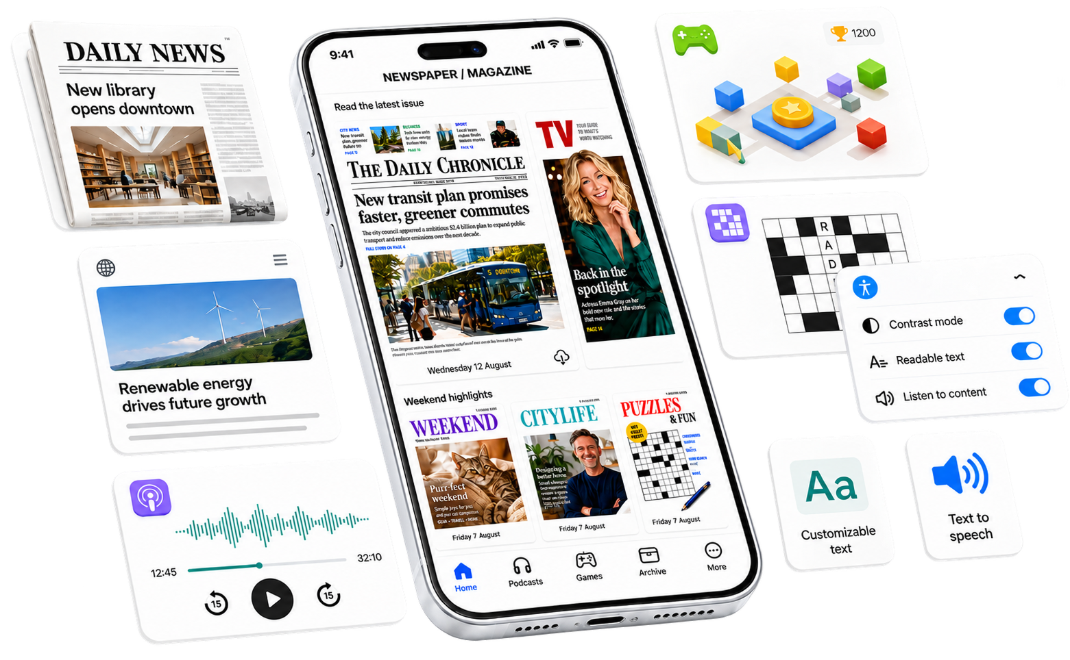 Prenly Reader samlar e-tidningar, webbnyheter, poddar, spel, korsord och tillgänglighetsfunktioner i en och samma digitala läsupplevelse.