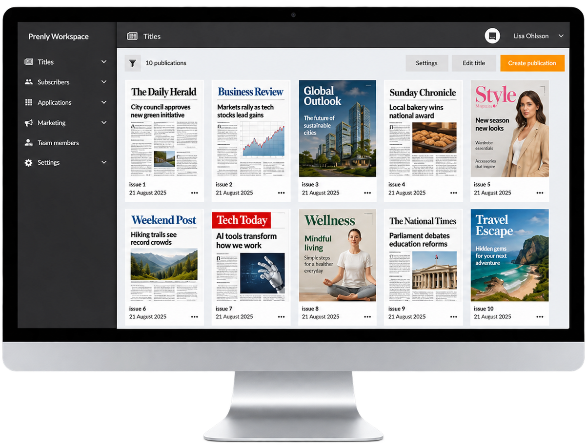 Prenly Workspace med tio digitala publikationer, inklusive dagstidningar och magasin, samlade i ett publiceringsverktyg.
