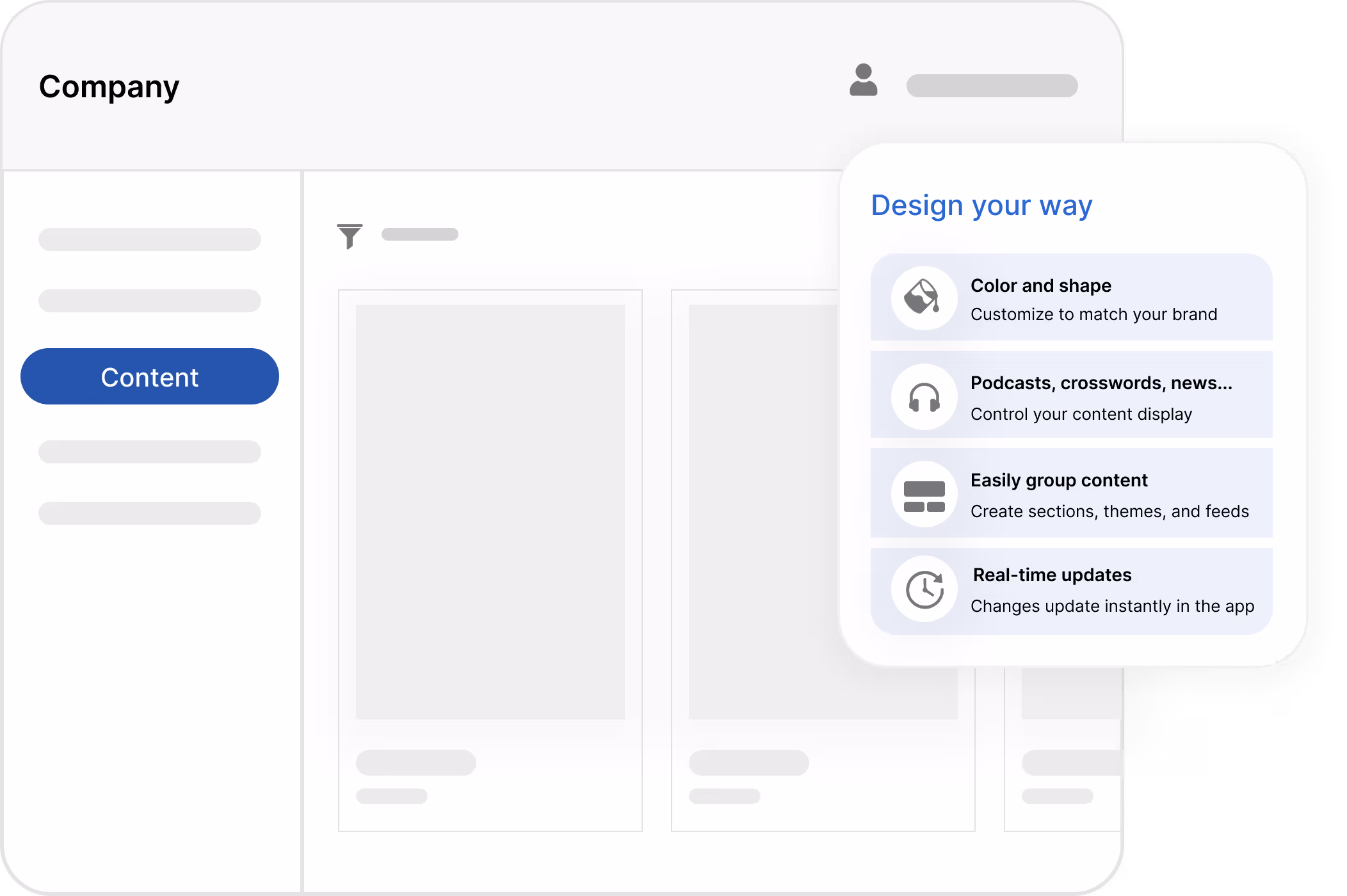 Illustration av ett gränssnitt för Prenlys app där användaren har full kontroll över innehåll och design. En ruta visar valmöjligheter som färg och form, innehållstyper som poddar och korsord, gruppering av innehåll samt realtidsuppdateringar.