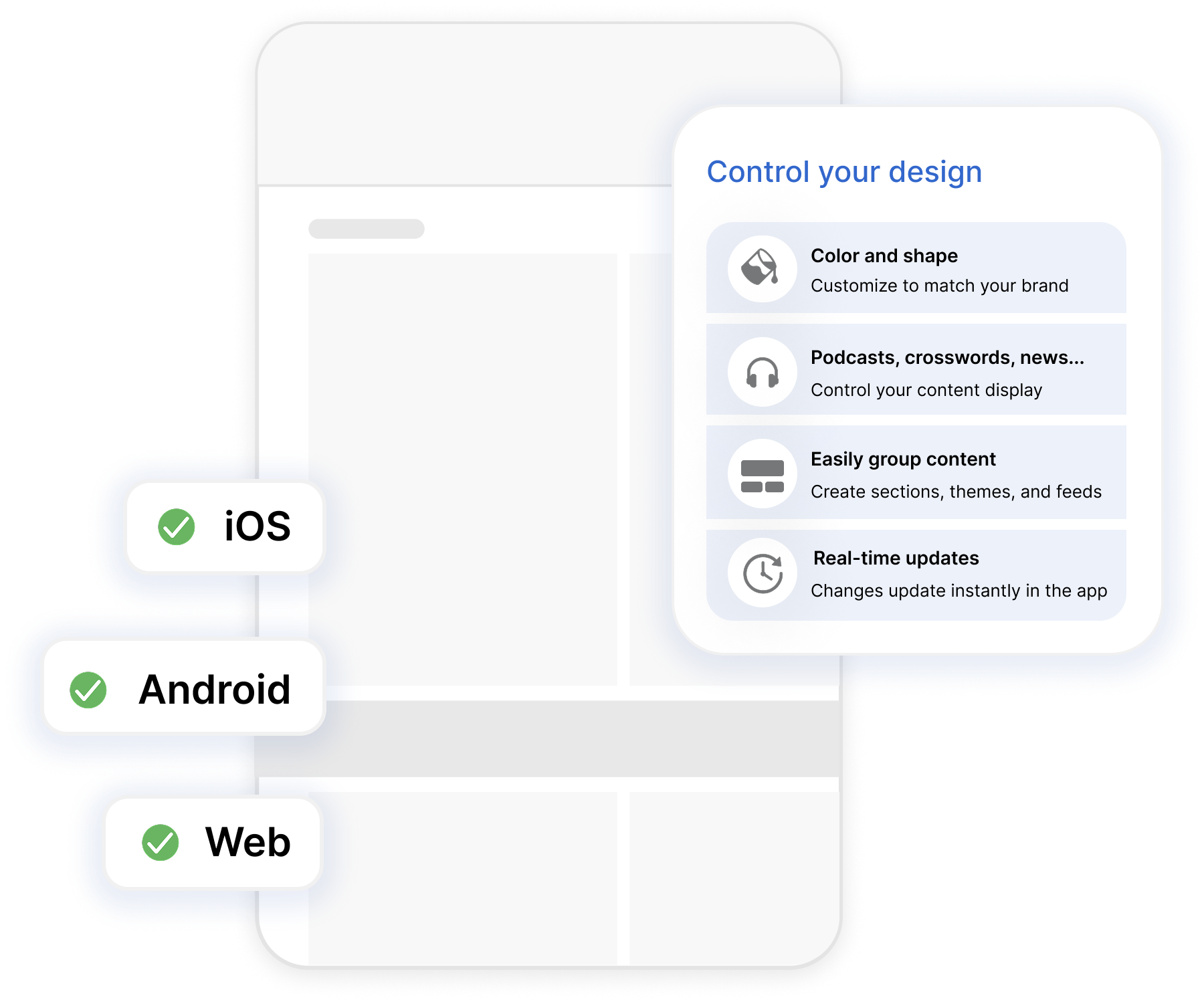 Illustration of an app interface where the user can control content and design. The preview shows support for iOS, Android, and web as well as features like color selection, content grouping, and real-time updates.