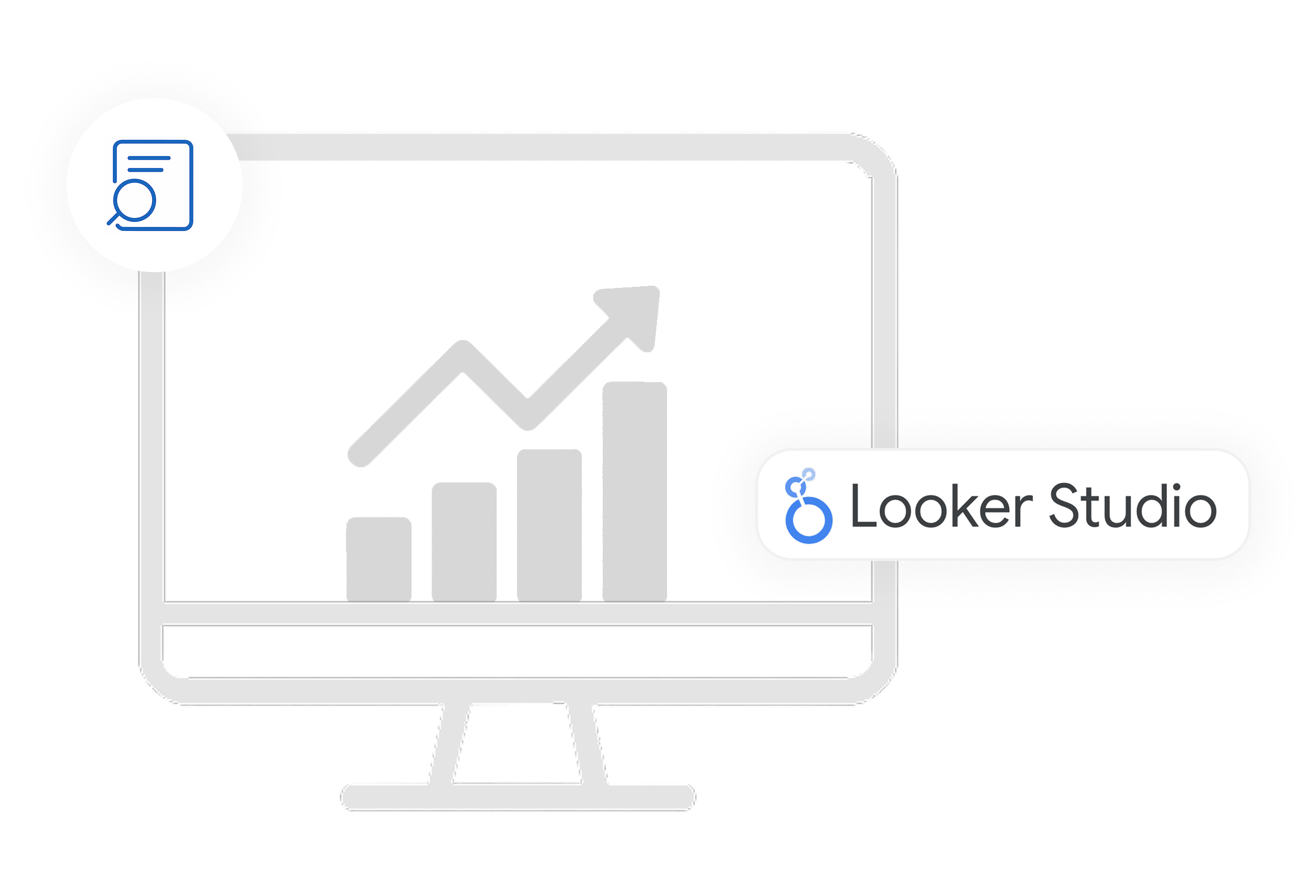 Illustration of a computer screen with bar charts and the Looker Studio logo, showing how statistics provide insights into content and reader behavior.