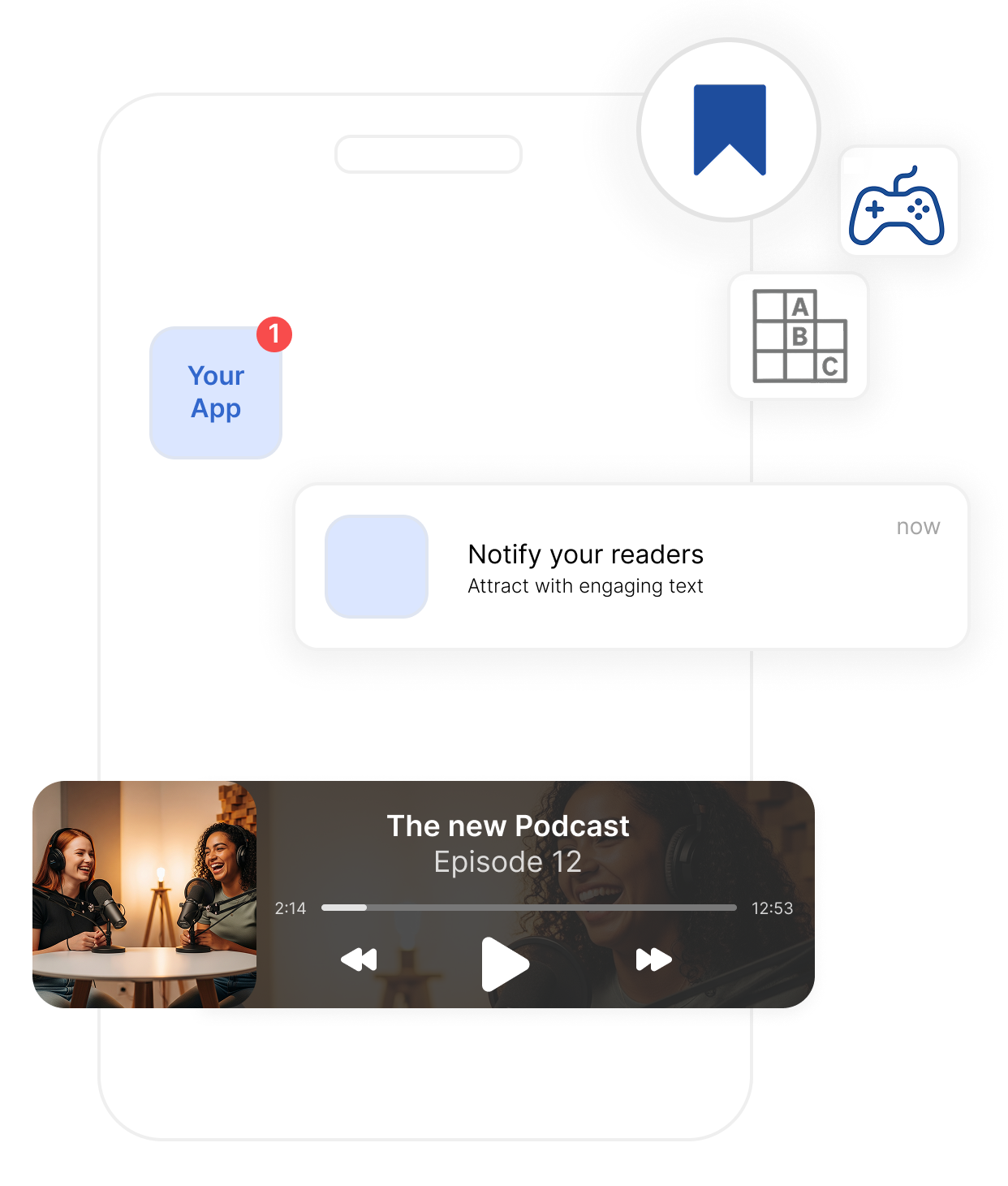 Illustration of app features like push notifications, podcasts, bookmarks, and games – tools for building loyalty and returning readers.