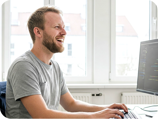 Smiling person at a computer in a bright office, symbolizing contact or support for how Prenly works.
