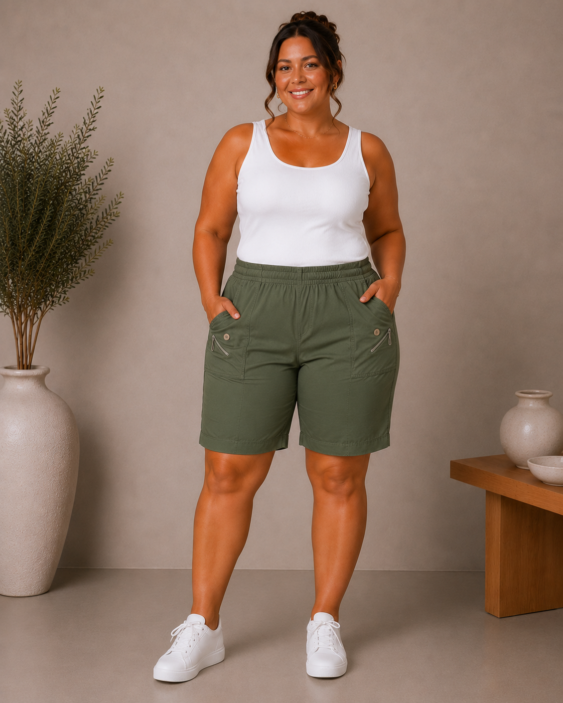 Shorts med fickor, khaki