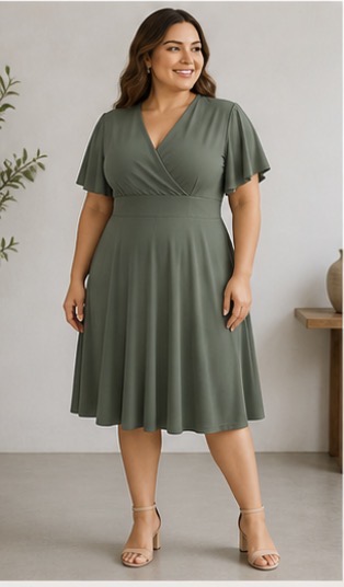 Klänning med kort änglaärm, khaki