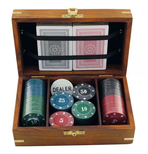 Poker set i låda, dubbla lekar samt 100 chips,  18,5x11,5x7cm