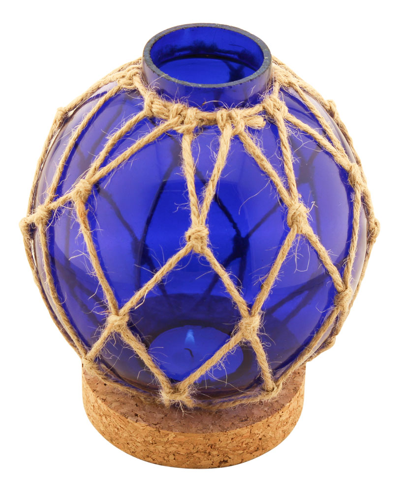 Glaskula i nät med värmeljus & korkstöd, blå, 13x13x16cm