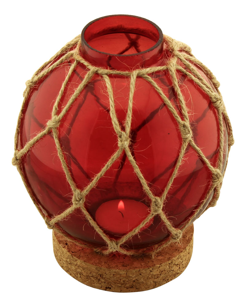 Glaskula i nät med värmeljus & korkstöd, röd, 13x13x16cm