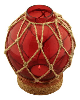 Glaskula i nät med värmeljus & korkstöd, röd, 13x13x16cm