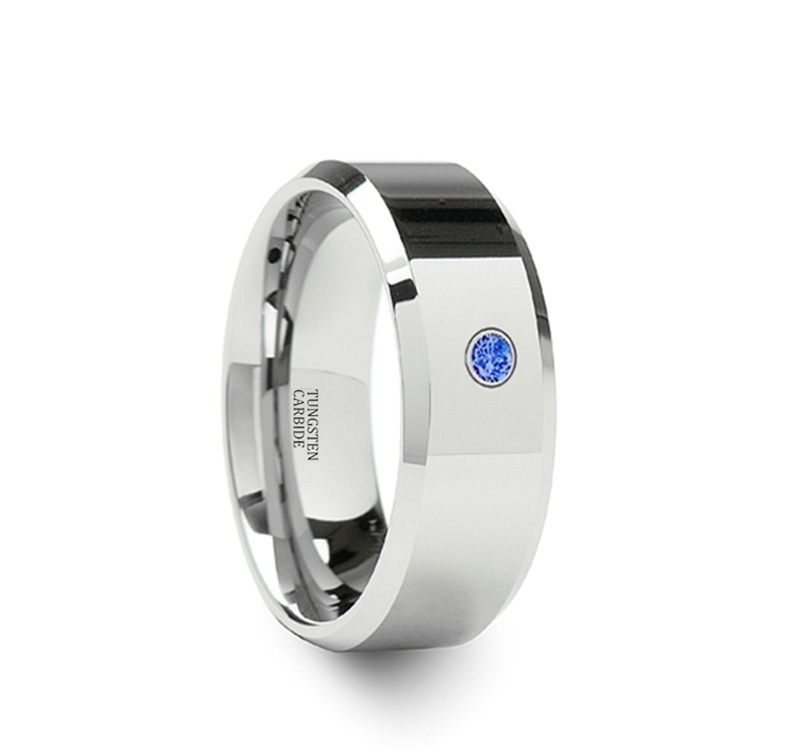 Wolfram ring i naturlig højglans finish 4 mm 6 mm & 8 mm med blå cubic zirconia sten - 2