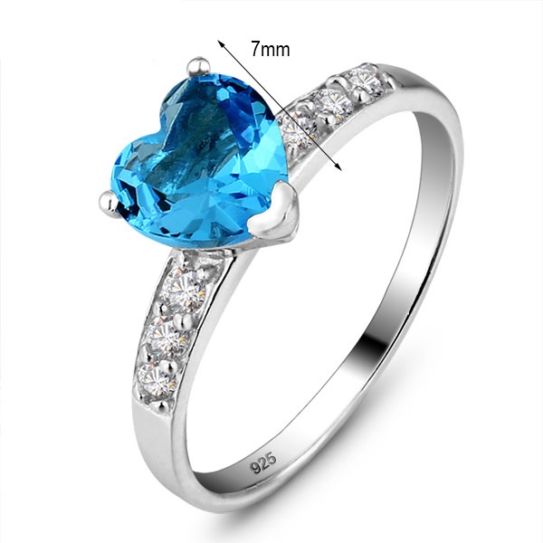 Silverring Blue Lake Heart - 925s 7mm Heart Cut Cubic Zirconia - 3