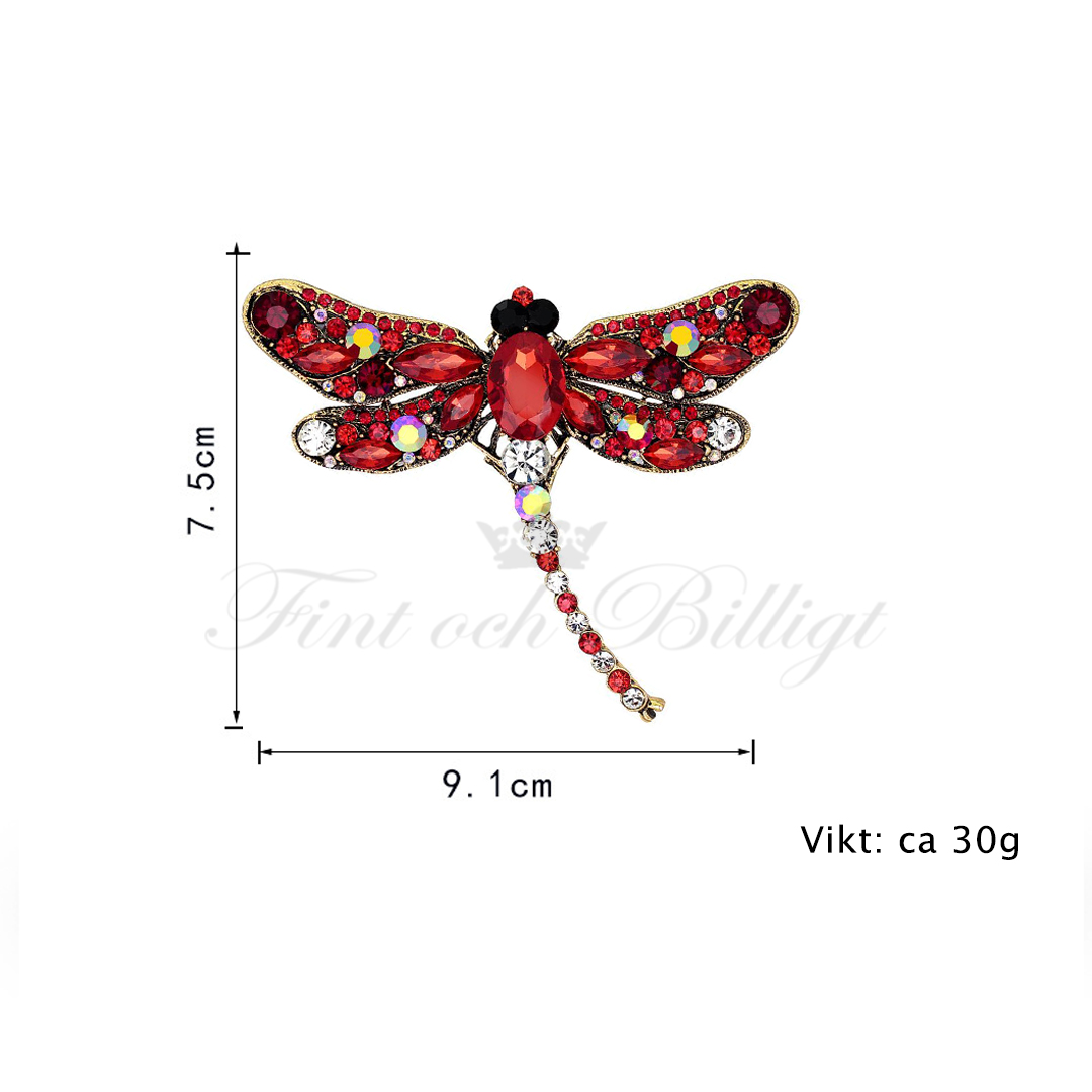 Broche - Dragonfly med krystaller - Queen Dragonfly Rød - 2