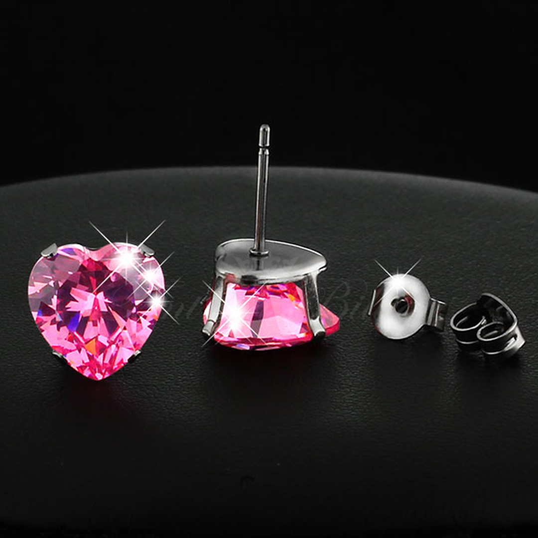 Pink Love - 6mm Heart Cut Cubic Zirconia 316L Kirurgiskt Stål Stud Örhängen - 4