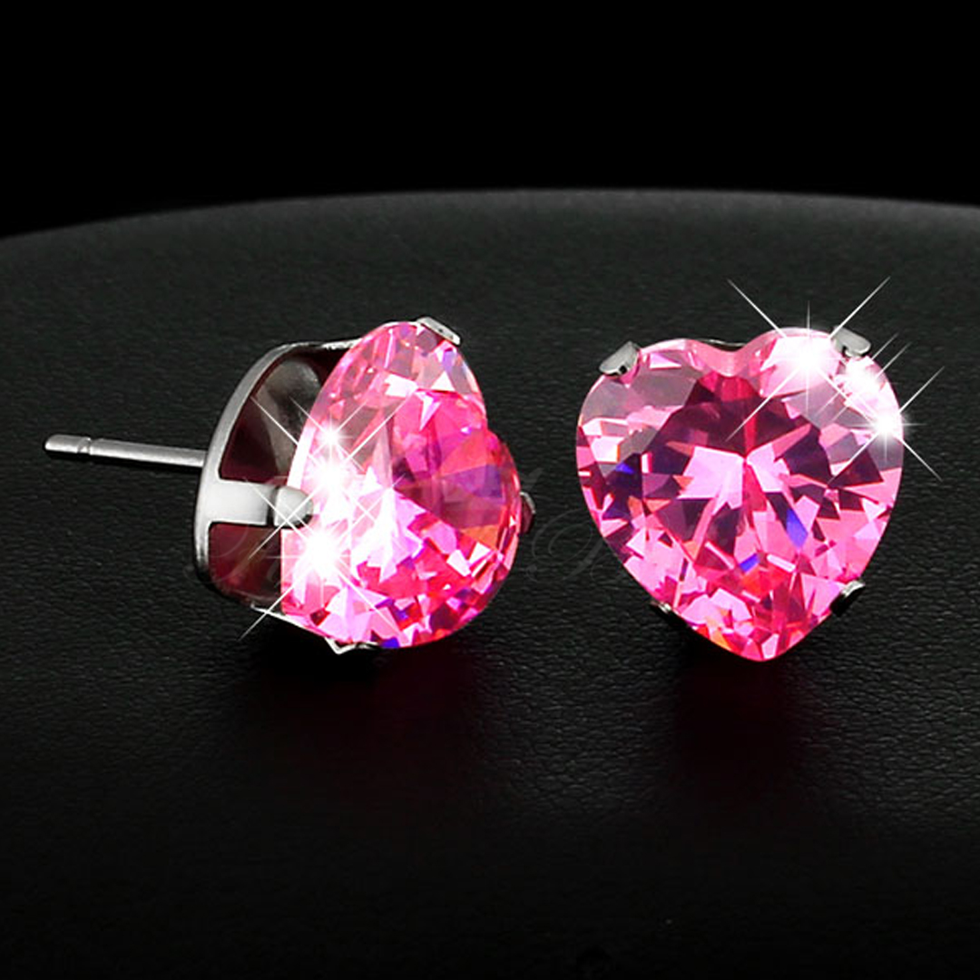 Pink Love - 6mm Heart Cut Cubic Zirconia 316L Kirurgiskt Stål Stud Örhängen - 2
