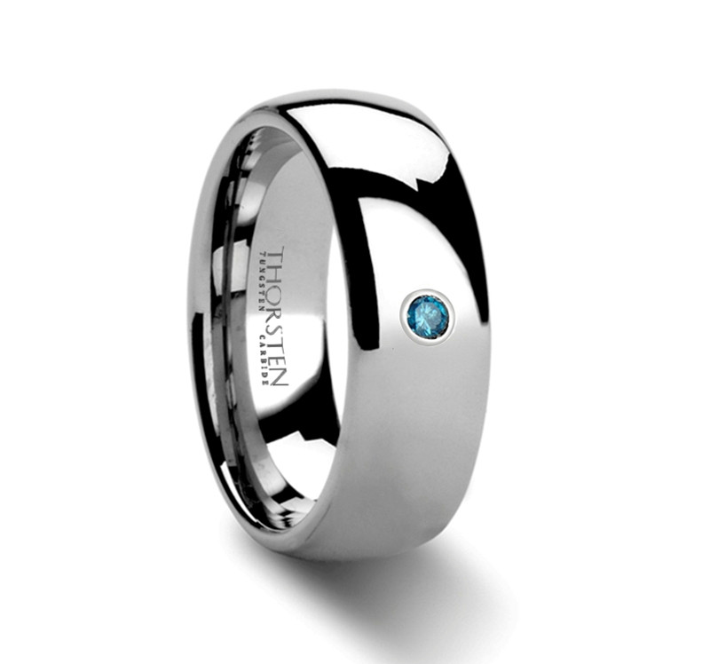 Wolfram ring i naturlig højglans finish 4 mm 6 mm & 8 mm med blå cubic zirconia sten - 3