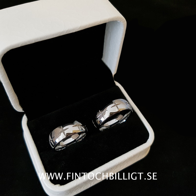 Ring - Star Groove -  Tungstensring Gnistrande Stjärnor Högblank - 2