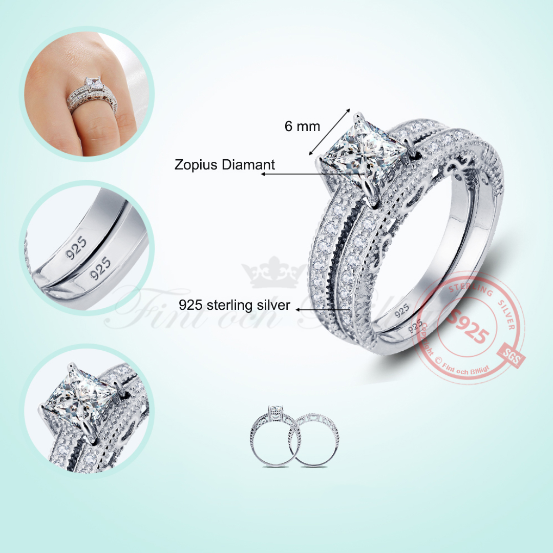 Livets hjerte - 925s sølvring (sæt) med 1CT Princess Cut Zopius-diamant - 4