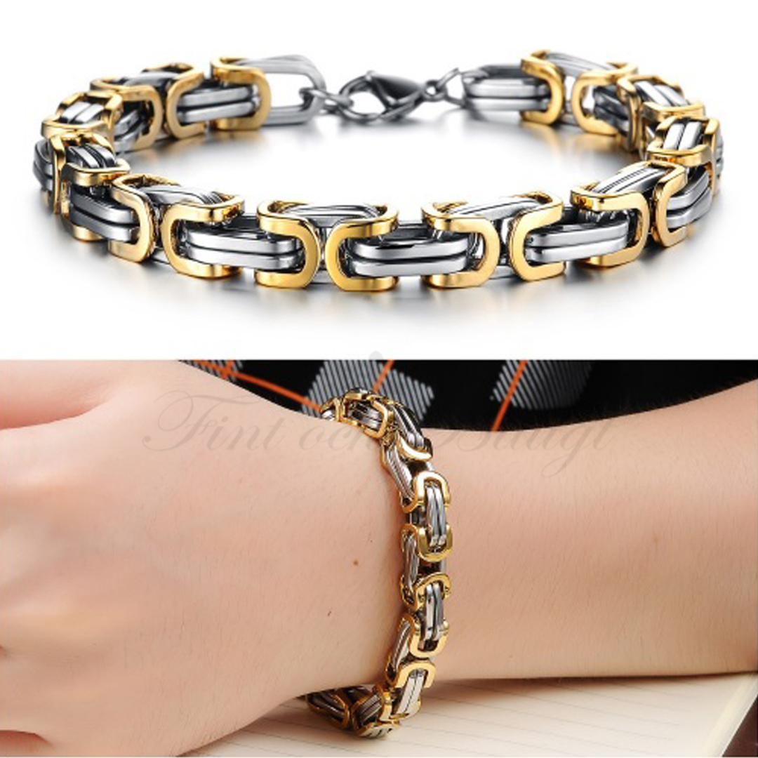 Stylish Byzantine chain kings bracelet in 304L steel with golden accents 5mm
