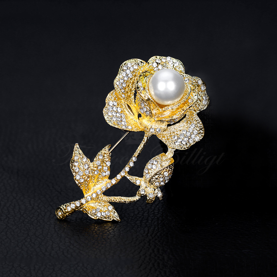 Brooch - Rose Gold Plated with Crystals - Divine Golden Rose - 2