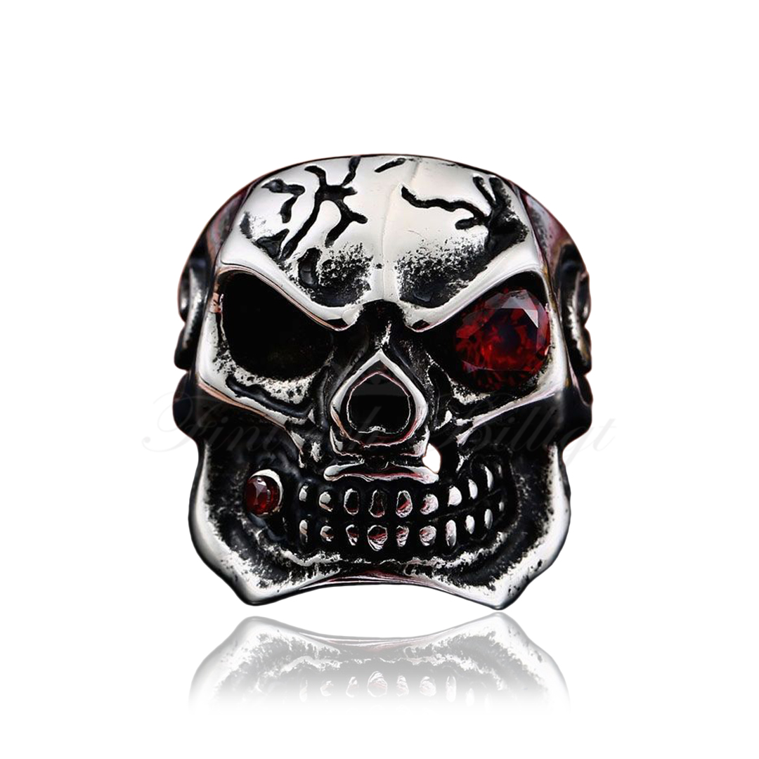 Smoking Red Eye Skull - Dödskallering med  Röda Swarovski Elements Stenar i Cigarr och Öga 316L Rostfritt Stål Ring - 2