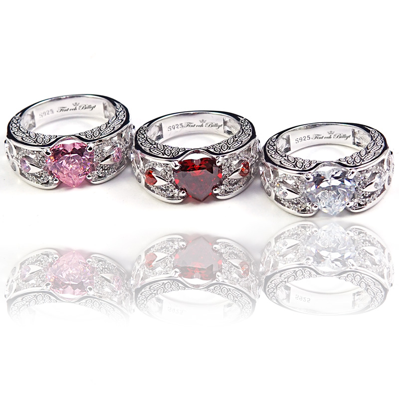 Silverring Angel Bride Red - 925s 9mm 3.00CT Heart CZ Diamant - 3