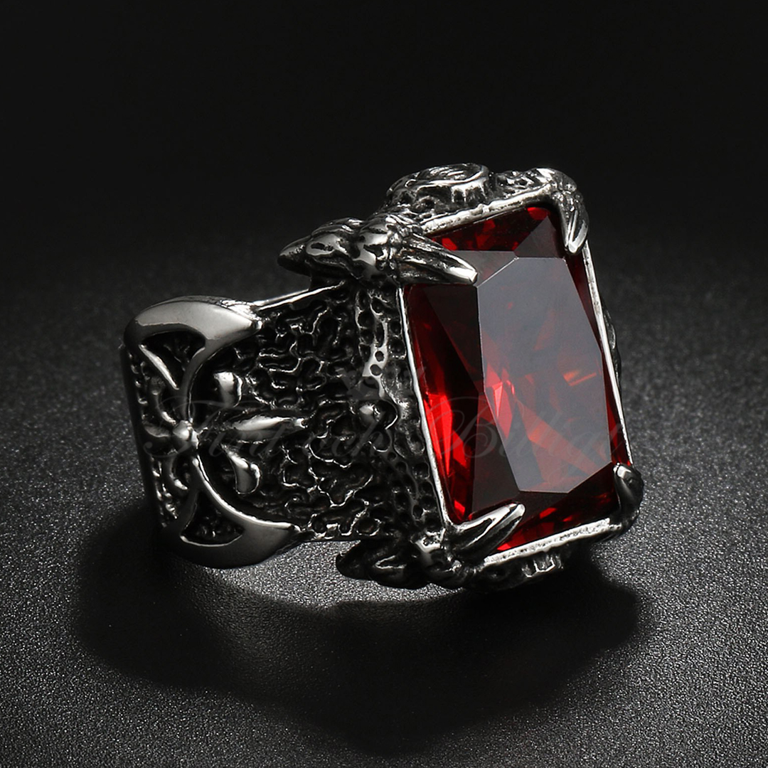 Punk Ring - Vikingering Dobbeltøkse Rød Sten - Berserker Axe Red - 2