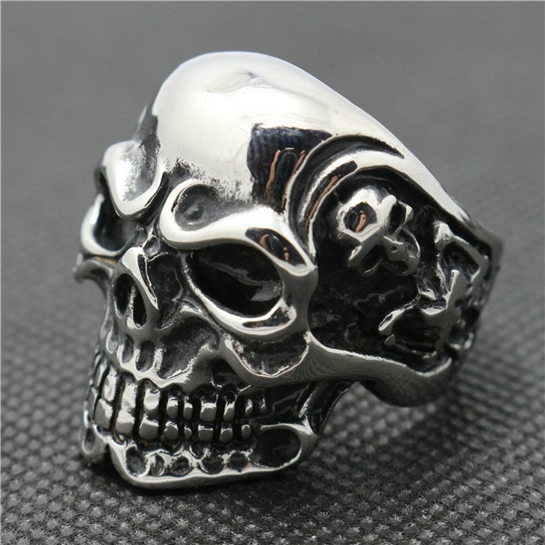 Bague Chevalière Homme En Acier Inoxydable - Motif Crâne Squelette Avec Yeux Strass Rouges - Style Hip Hop Punk