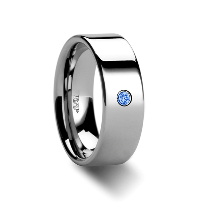 Wolfram ring i naturlig højglans finish 4 mm 6 mm & 8 mm med blå cubic zirconia sten - 2