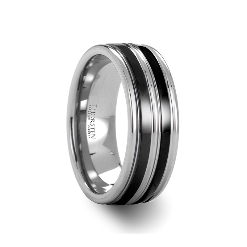 *Dual Offset Black Inlays* Tungsten Ring in Natural High Gloss Finish 4mm 6mm & 8mm - 2