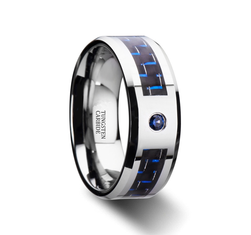 Wolframring med flerfarvet kulfiberstribe og blå cubic zirconia sten - 2