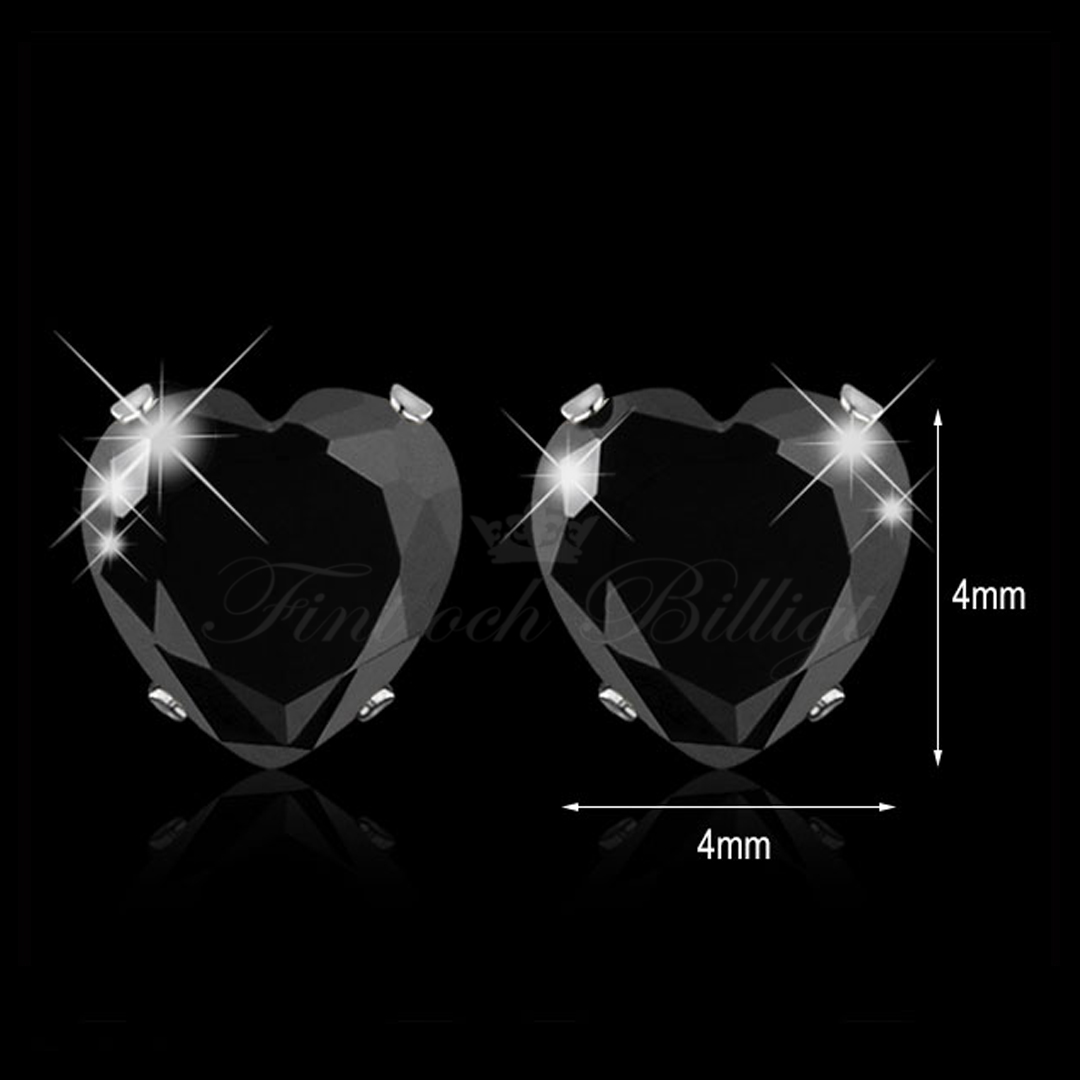 Black Love - 4mm Heart Cut Cubic Zirconia 316L Surgical Steel Stud Earrings - 4