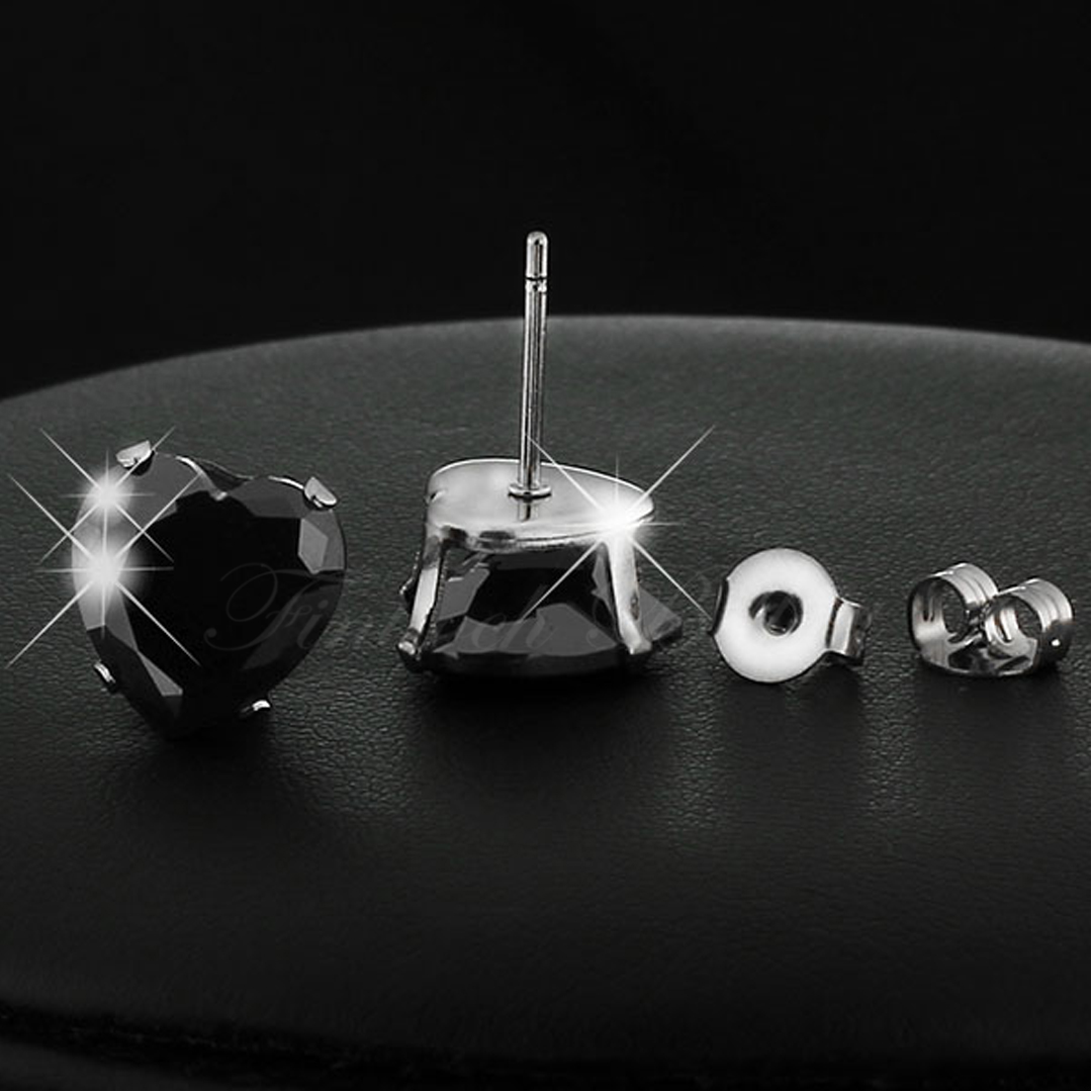 Black Love - 4mm Heart Cut Cubic Zirconia 316L Surgical Steel Stud Earrings - 3