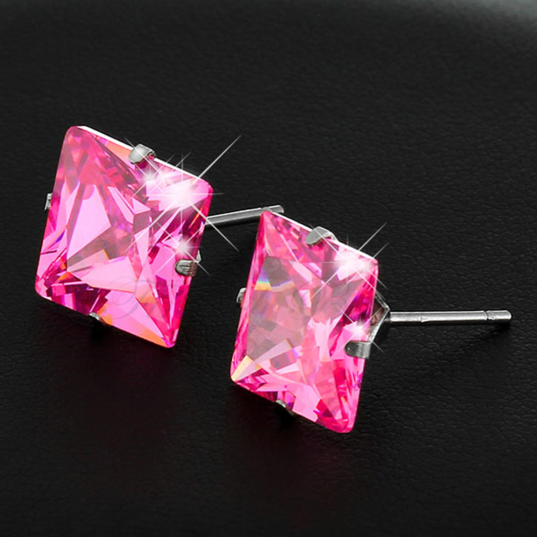 Pink Princess - 10mm Princess Cut Cubic Zirconia 316L Surgical Steel Stud Earrings - 2