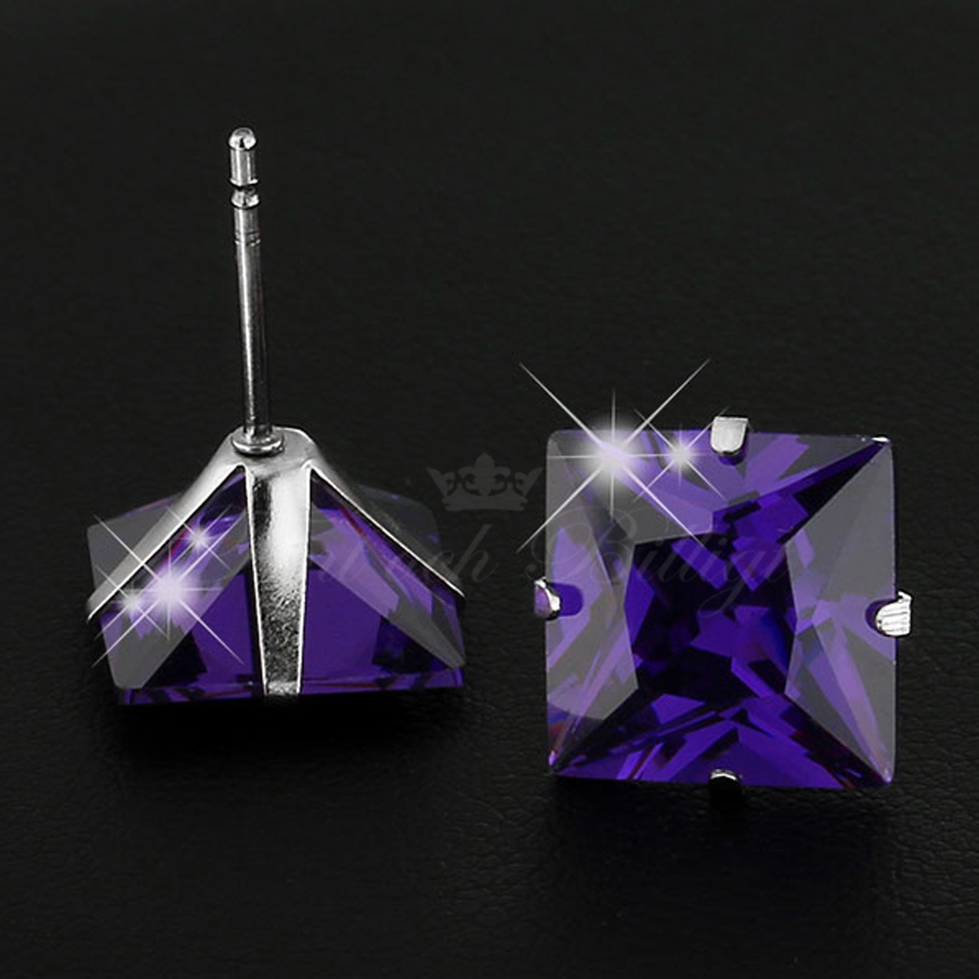 Purple Princess - 6mm Princess Cut Cubic Zirconia 316L Surgical Steel Stud Earrings - 3