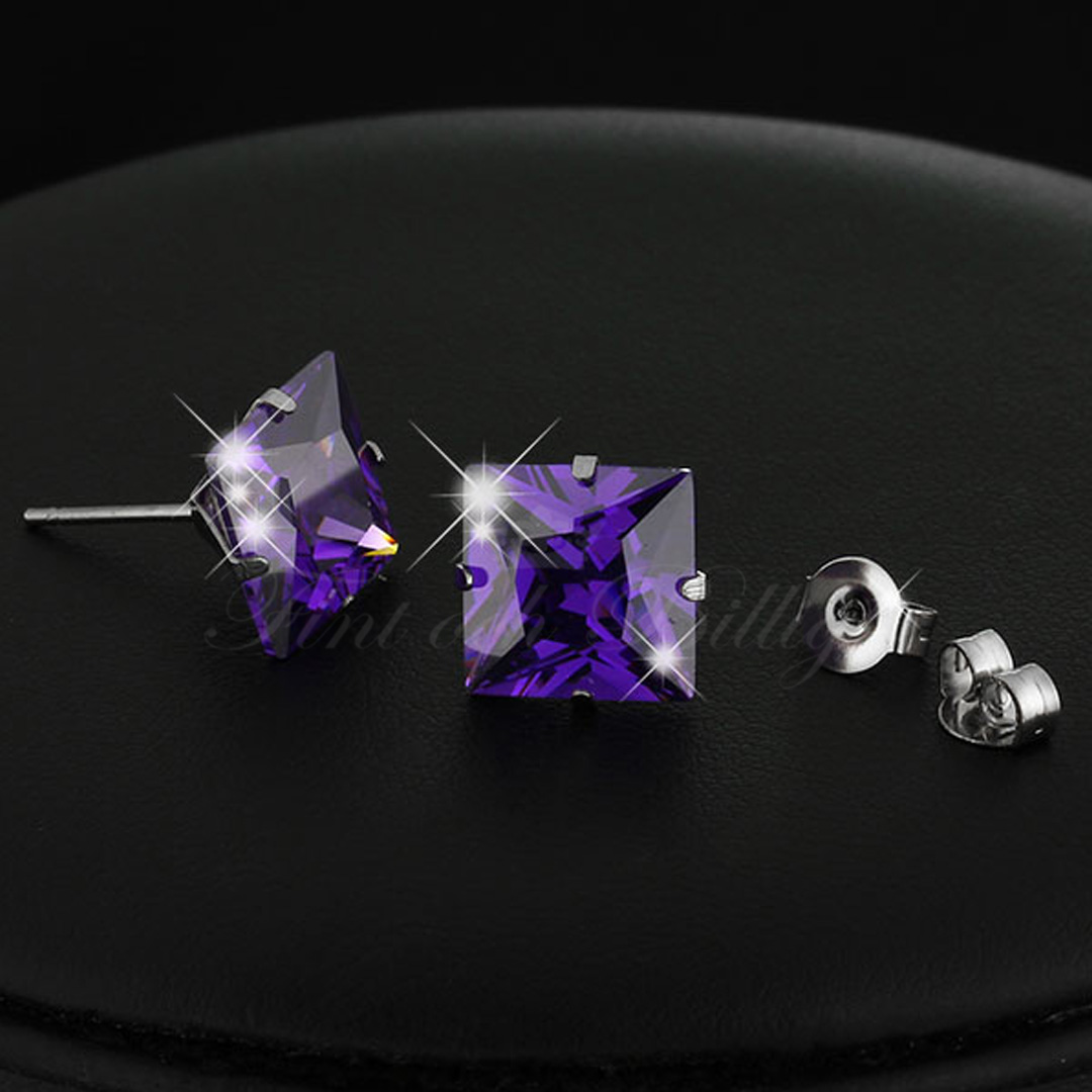 Purple Princess - 8mm Princess Cut Cubic Zirconia 316L Kirurgiskt Stål Stud Örhängen - 4