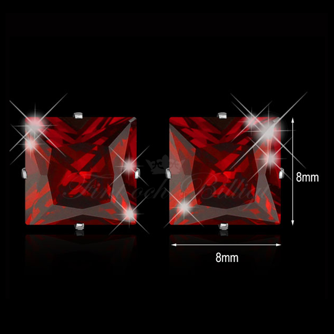 Red Princess - 8mm Stud Earrings Princess Cut Cubic Zirconia Surgical Steel - 5