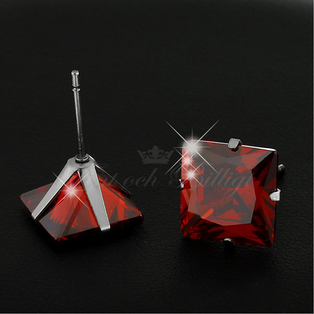 Red Princess - 10mm Stud Örhängen Princess Cut Cubic Zirconia Kirurgiskt Stål - 3