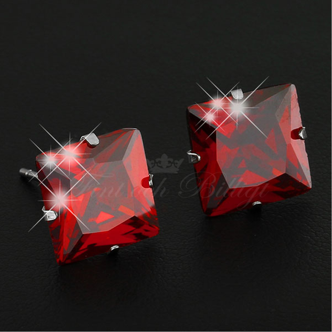 Red Princess - 10mm Stud Örhängen Princess Cut Cubic Zirconia Kirurgiskt Stål - 2