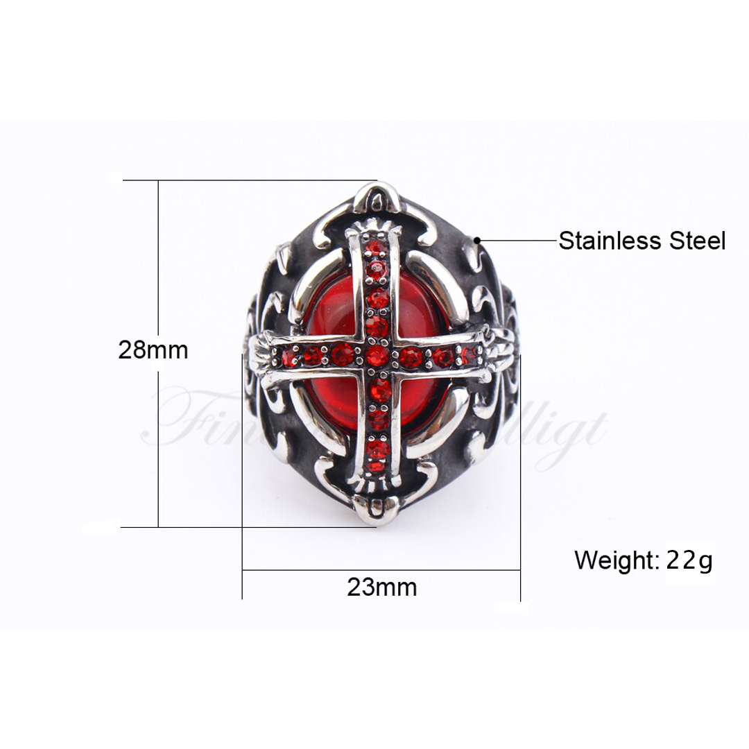 End Time Crusader - Massiv Ring med Stor Rubinröd Swarovski  i 316L Rostfritt Stål - 6