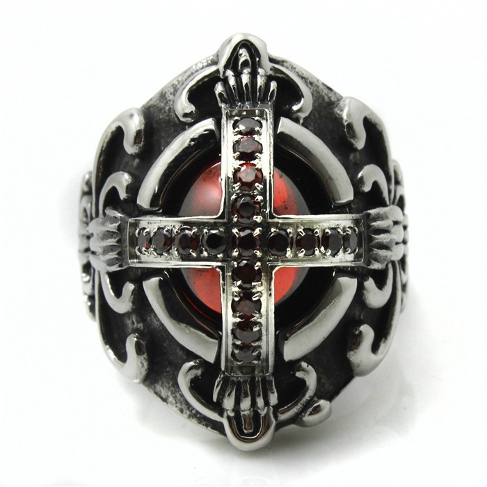 End Time Crusader - Massiv Ring med Stor Rubinröd Swarovski  i 316L Rostfritt Stål - 3