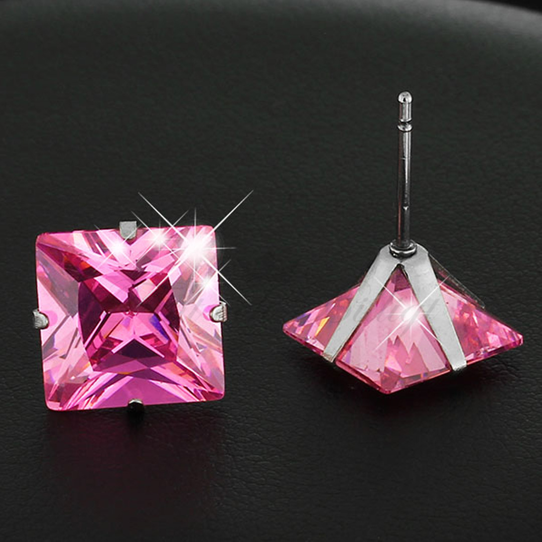 Stud Örhänge Pink Princess - 6mm Princess Cut CZ 316L Stål - 3